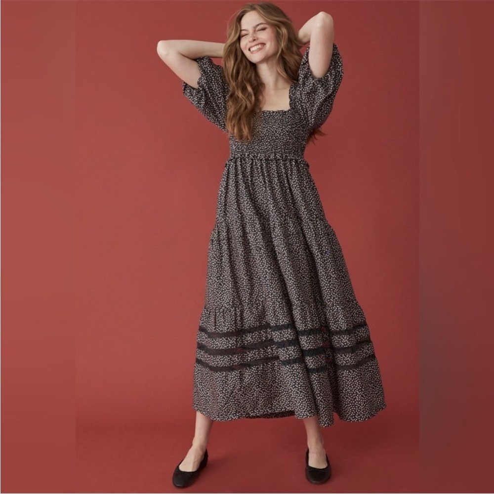 Mi Golondrina Luisa Noche Midi Dress Microfloral Puff Sleeve Size: XS